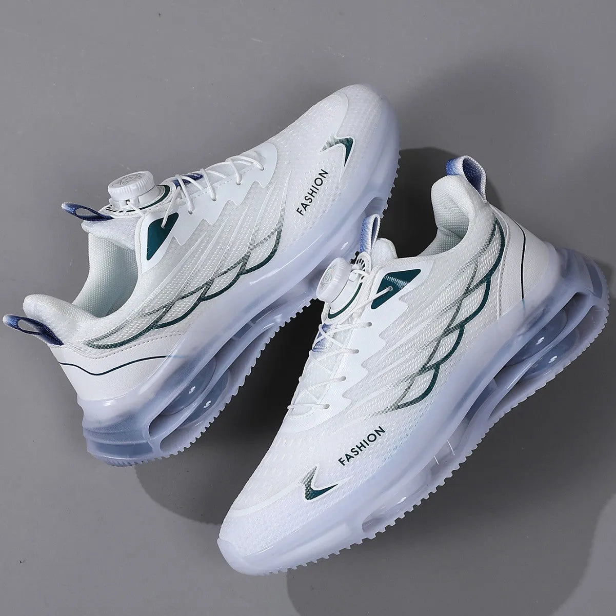 White low-top Korean style casual sports shoes with rotating button and lace-up closure on a rubber sole.