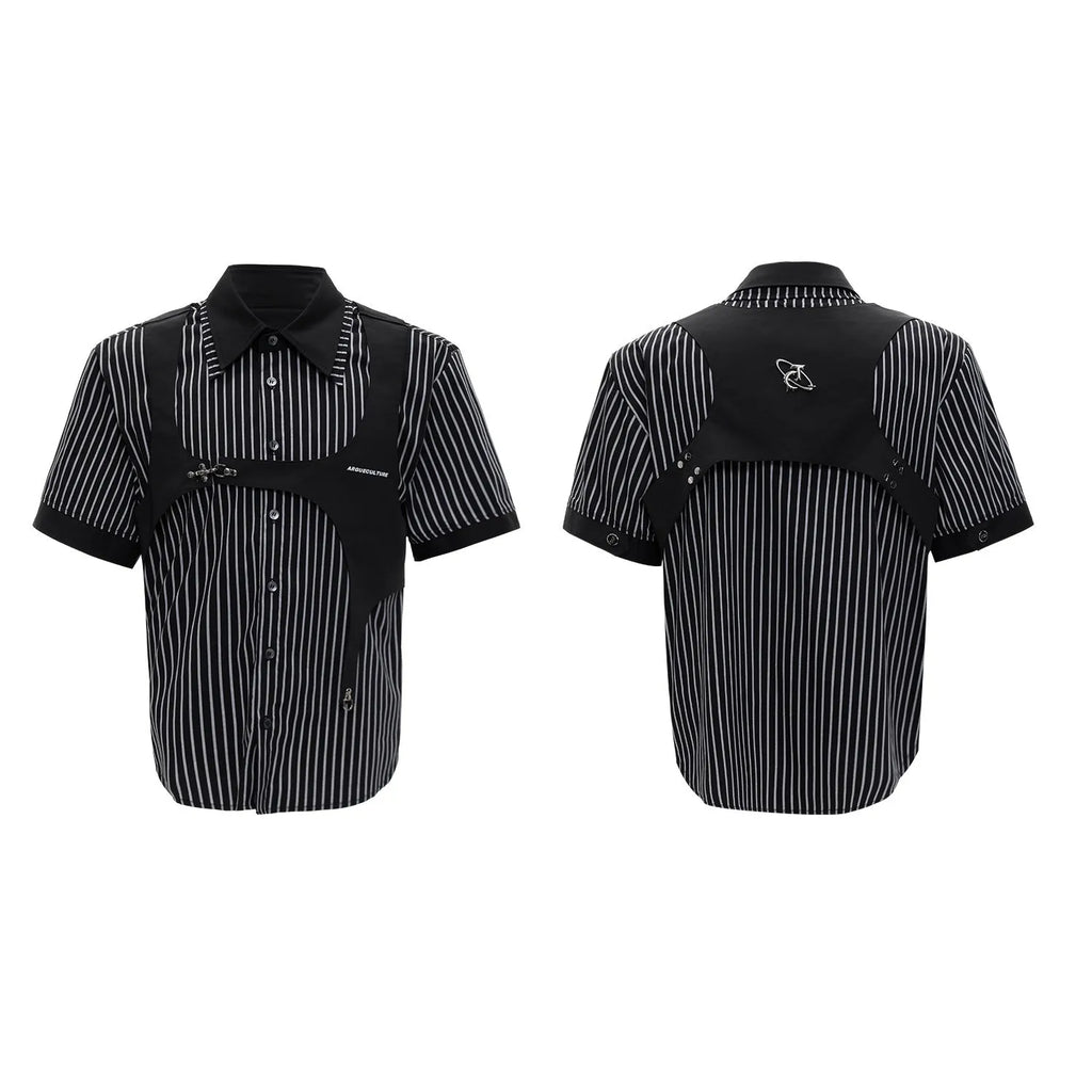 Men's black and white striped cotton shirt with double lapel collar design, short sleeves