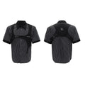 Men's black and white striped cotton shirt with double lapel collar design, short sleeves