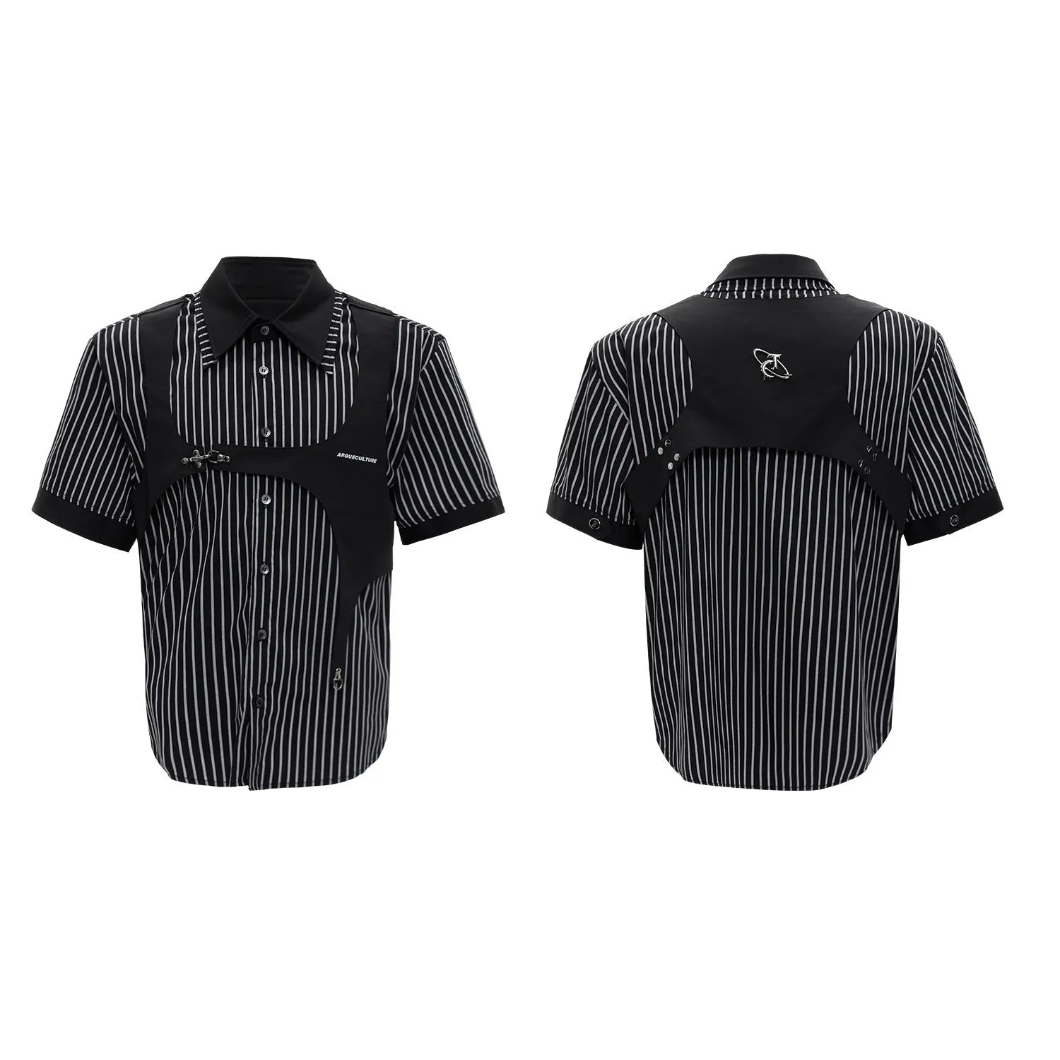Men's black and white striped cotton shirt with double lapel collar design, short sleeves