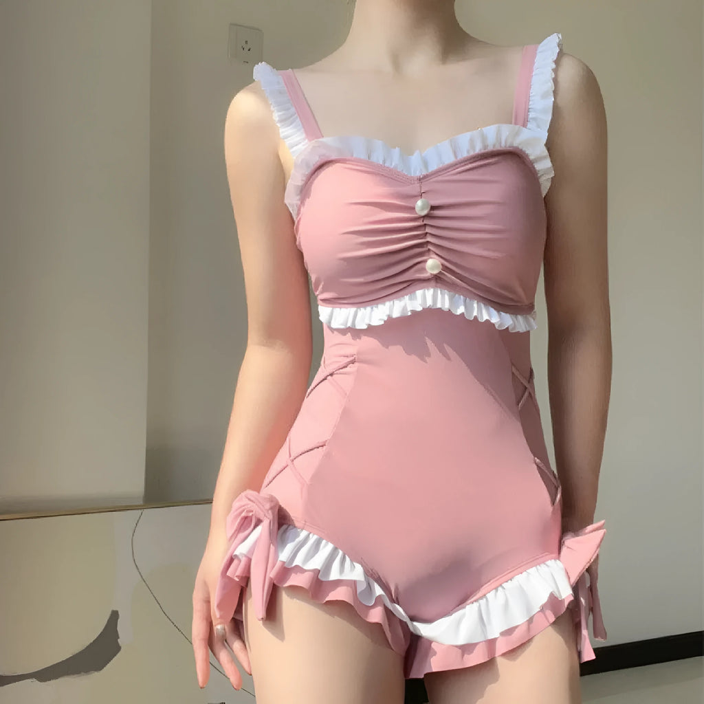 Women's milk silk one-piece sleeveless swimsuit in solid pink or blue colour for sun protection