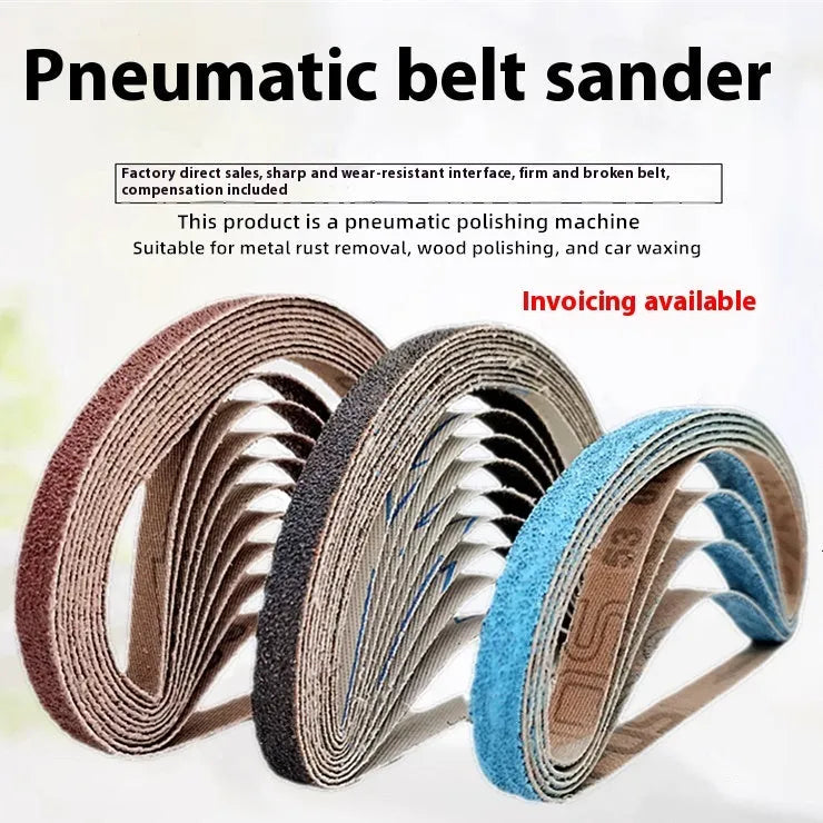 Small pneumatic belt sander 10x330mm for metal polishing with roll ring and alumina abrasive belt