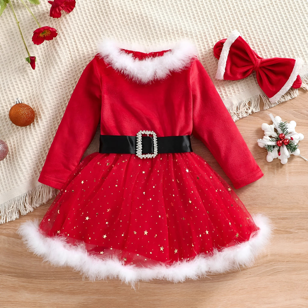 Red 100% cotton Christmas dress set for girls with matching headband, sizes 12M to 5T