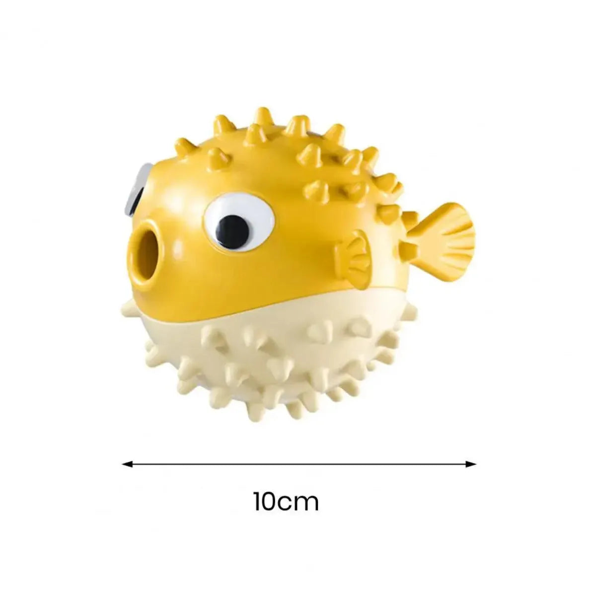 Yellow fish-shaped dog chew toy with textured surface and squeaker function