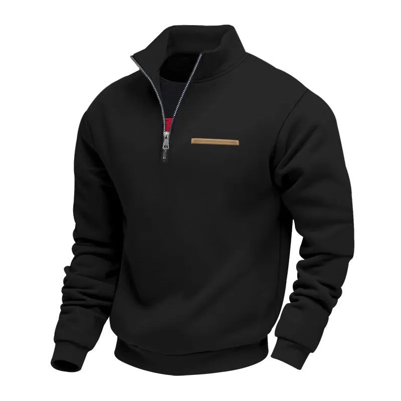 Men's loose fit sport sweatshirt with stand collar and contrast stripes in army green colour