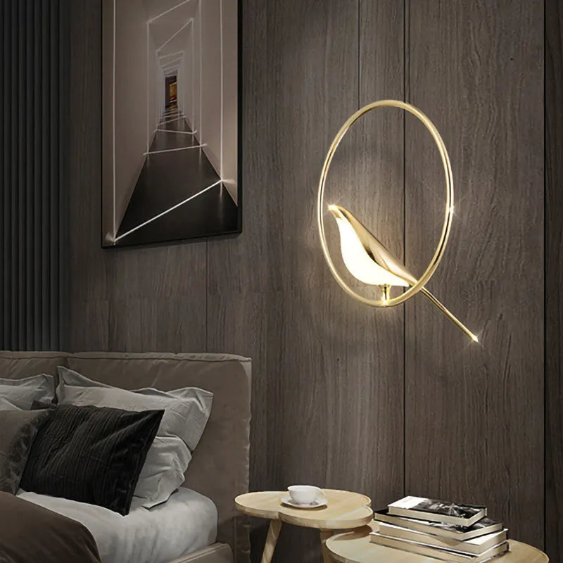 Modern minimalist magpie bird silhouette LED chandelier ceiling light made from zinc alloy and acrylic.