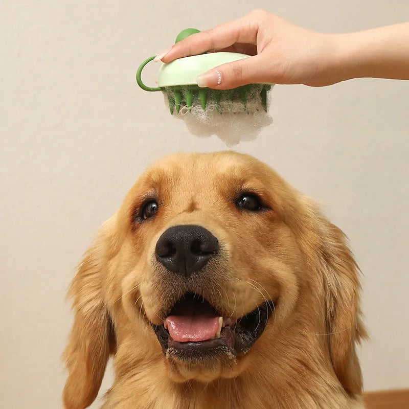 Handheld silicone dog grooming brush with TPR bristles and ABS handle in four colour options