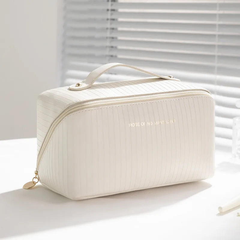 Vertical pattern cubic makeup bag in soft PU leather with 22.5cm by 12.5cm dimensions