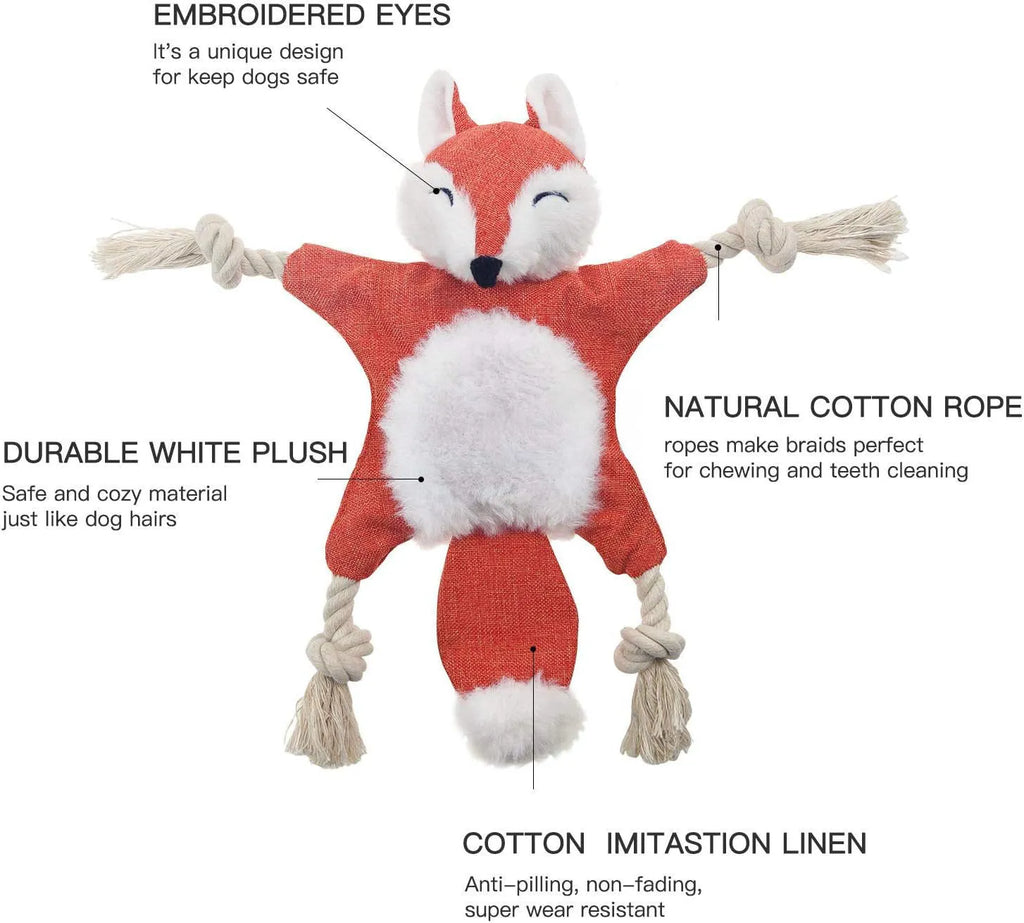 Brown fox-shaped dog toy with embroidered eyes, cotton rope limbs, and crinkle paper body
