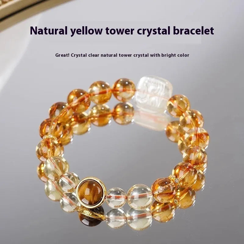 Women's carved citrine bracelet with geometric patterns on 10mm crystal beads in ethnic style