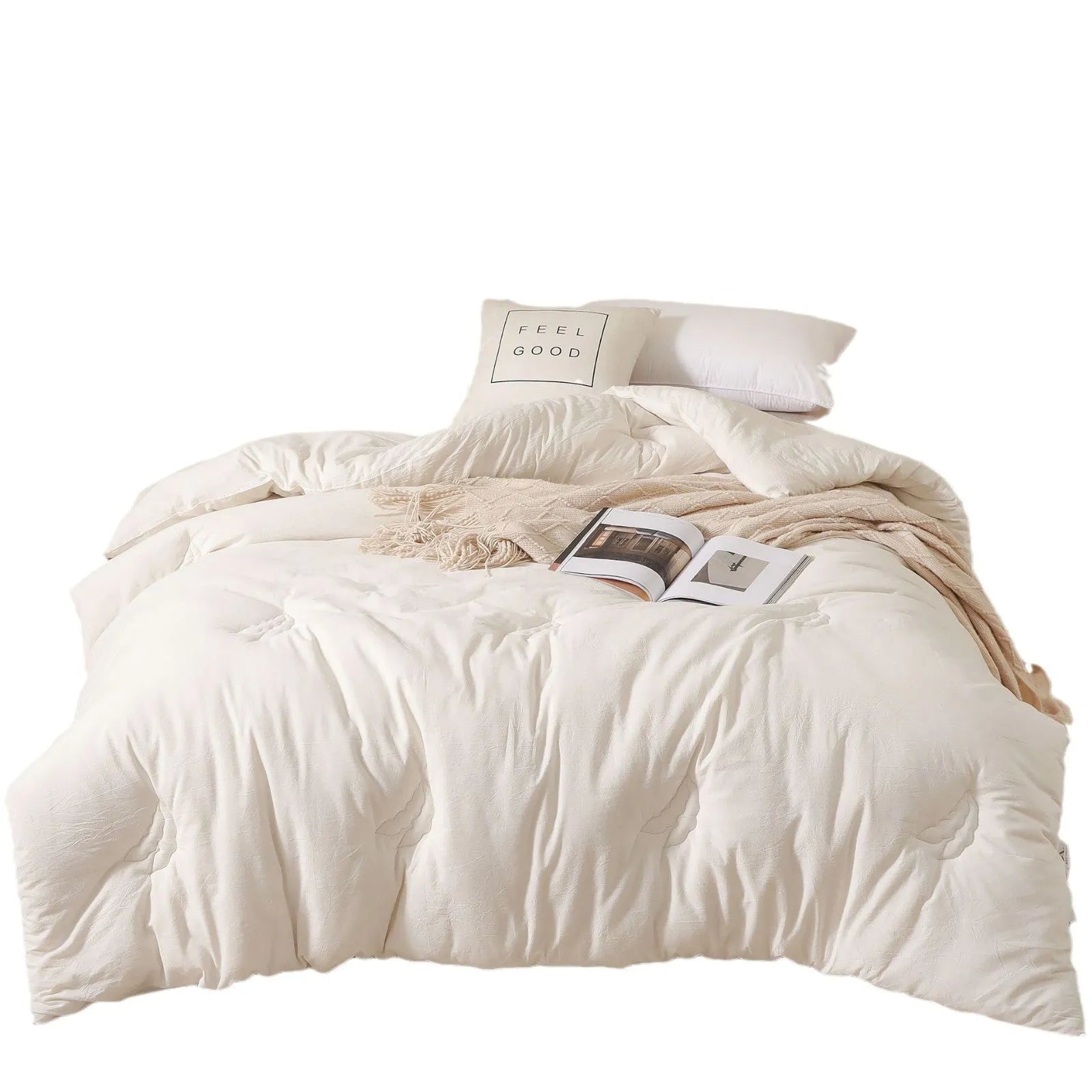 Soybean fibre quilt with pure cotton cover in white, pink jade, or grey, shown in various sizes.