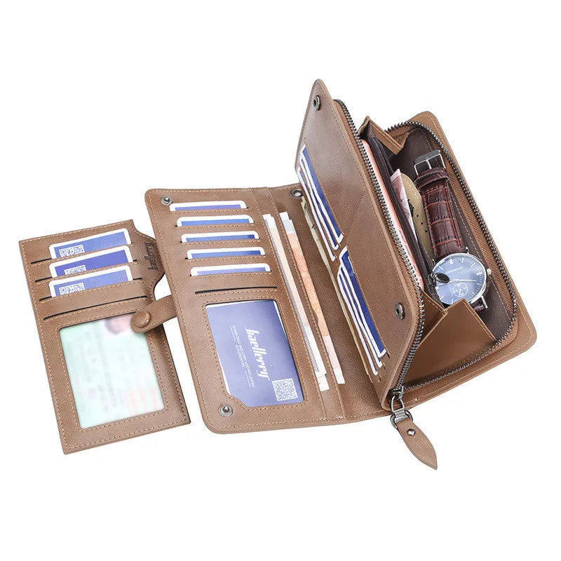 Men's retro soft PU leather multifunction phone bag wallet in brown with zippered pockets and card slots