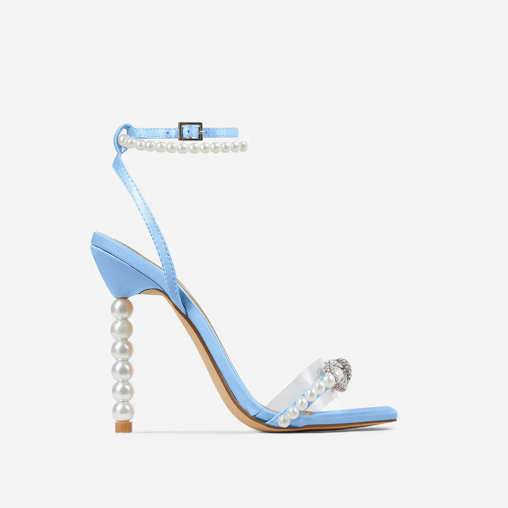 Women's square toe stiletto heel shoes with rhinestone bow and pearl strap, pink colour, artificial polyurethane upper, size 37-42