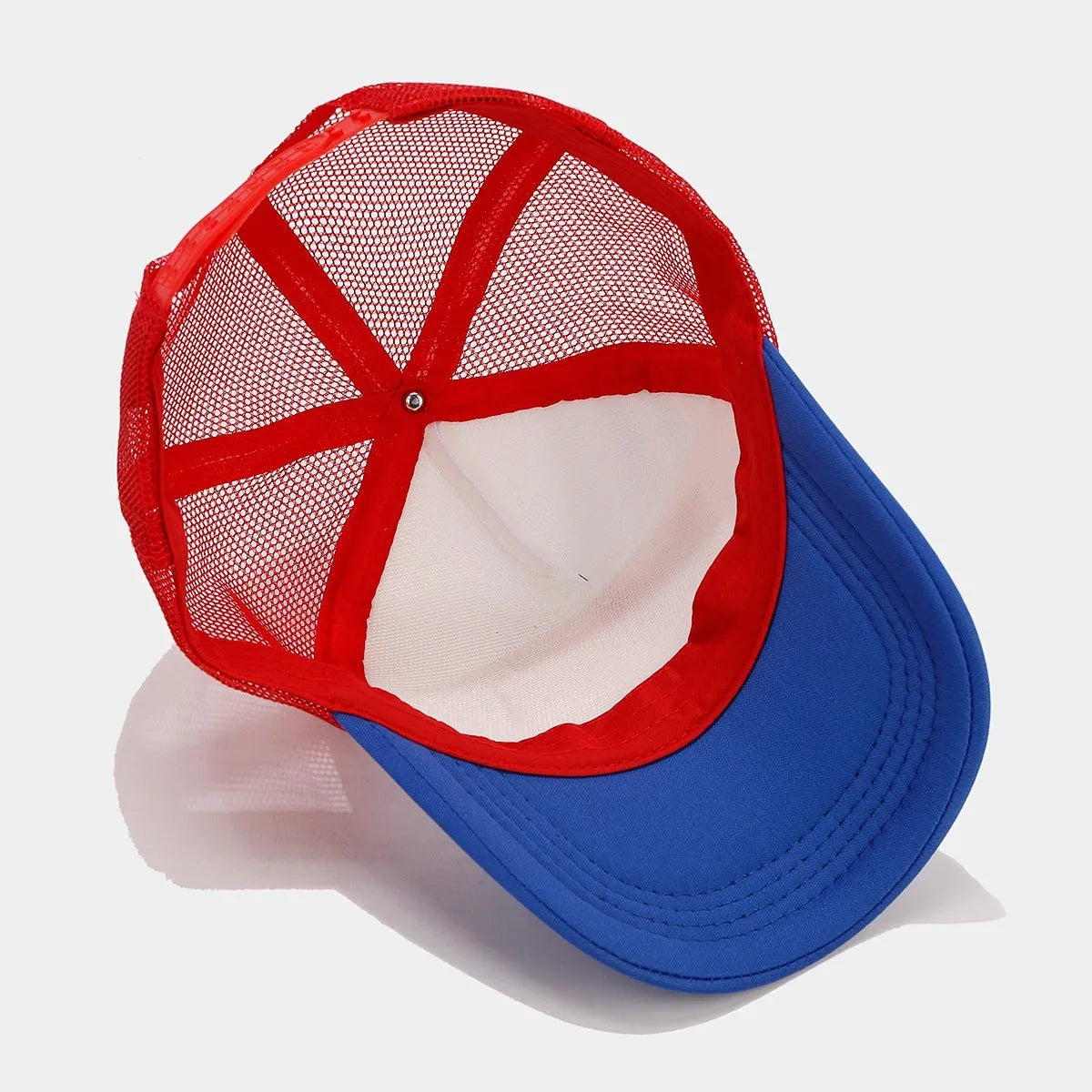 Red and blue contrast mesh adjustable baseball cap with breathable space cotton fabric and dome crown
