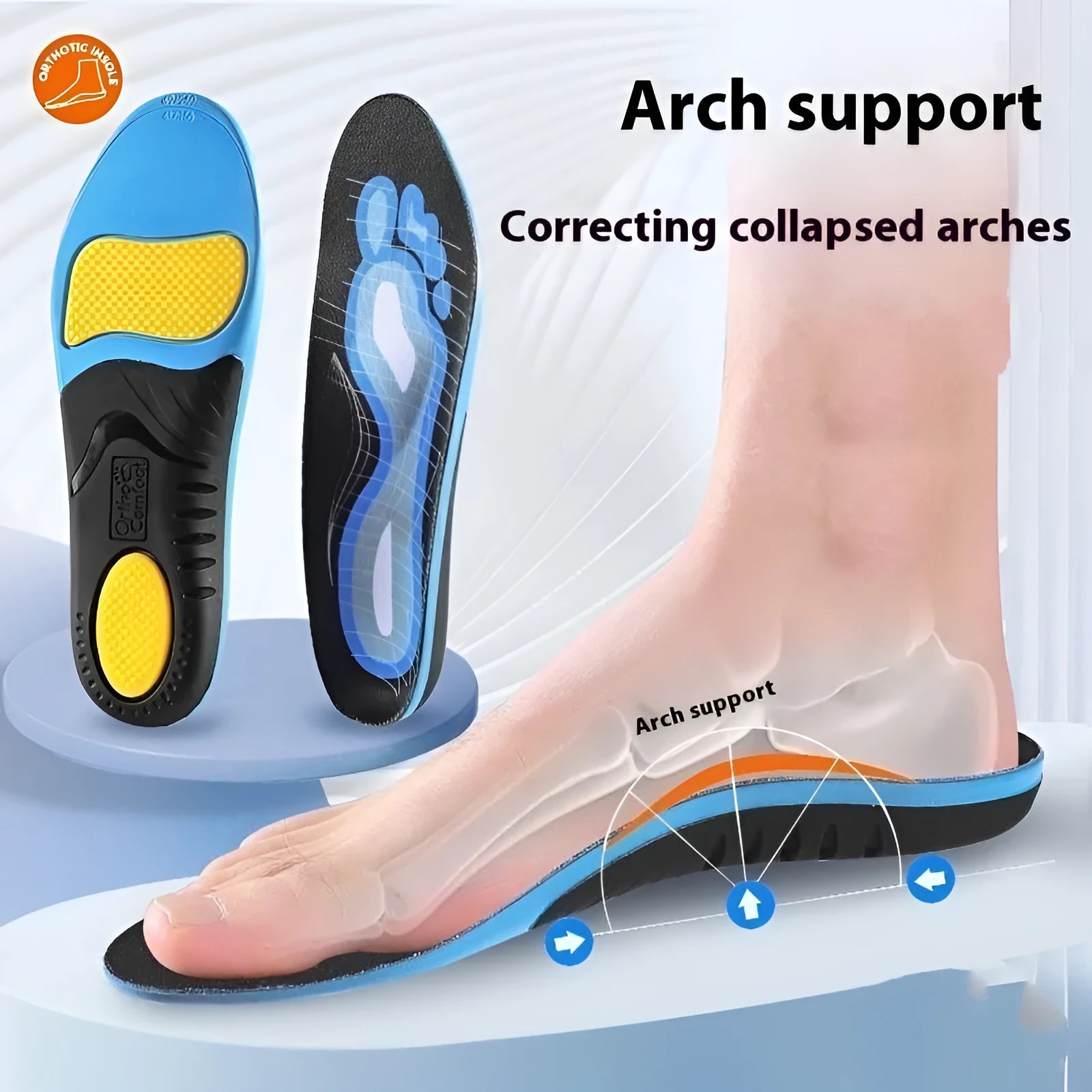 Blue and green flat foot correction insoles made from PU material with arch support design