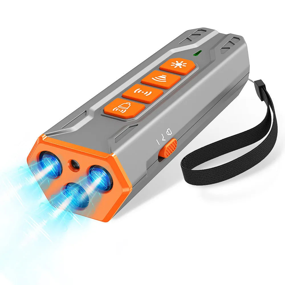 Three-headed ultrasonic dog trainer in grey and orange colour scheme.
