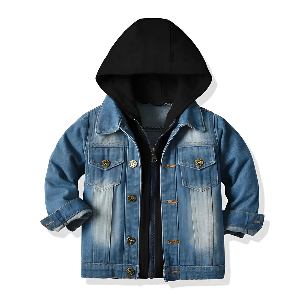 Children's fake two-piece denim jacket in grey with hood, loose fit, lapel collar