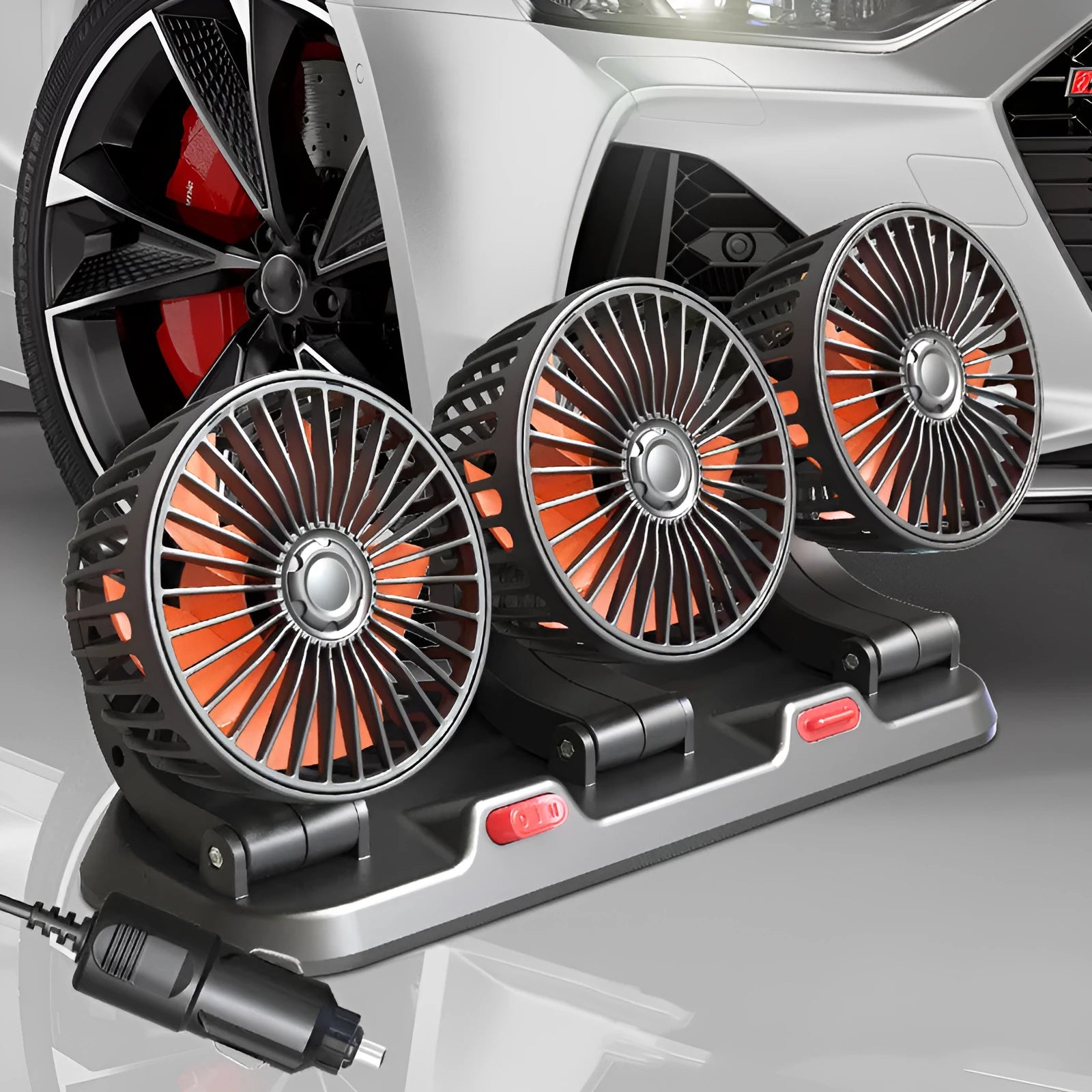 Three head automotive electric cooling fan with black ABS motor housing and cigarette lighter power cable.