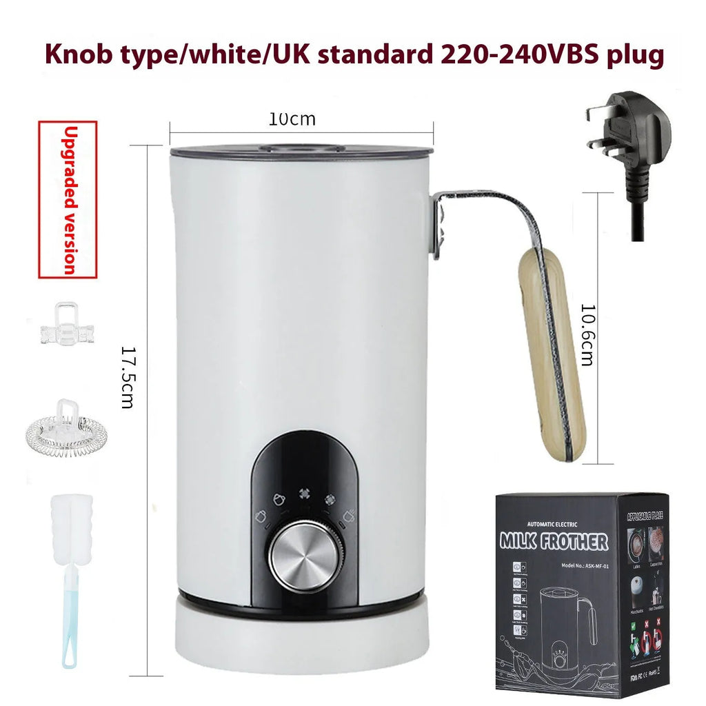White stainless steel milk frother with knob control and 350ml capacity on a kitchen counter