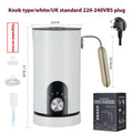 White stainless steel milk frother with knob control and 350ml capacity on a kitchen counter
