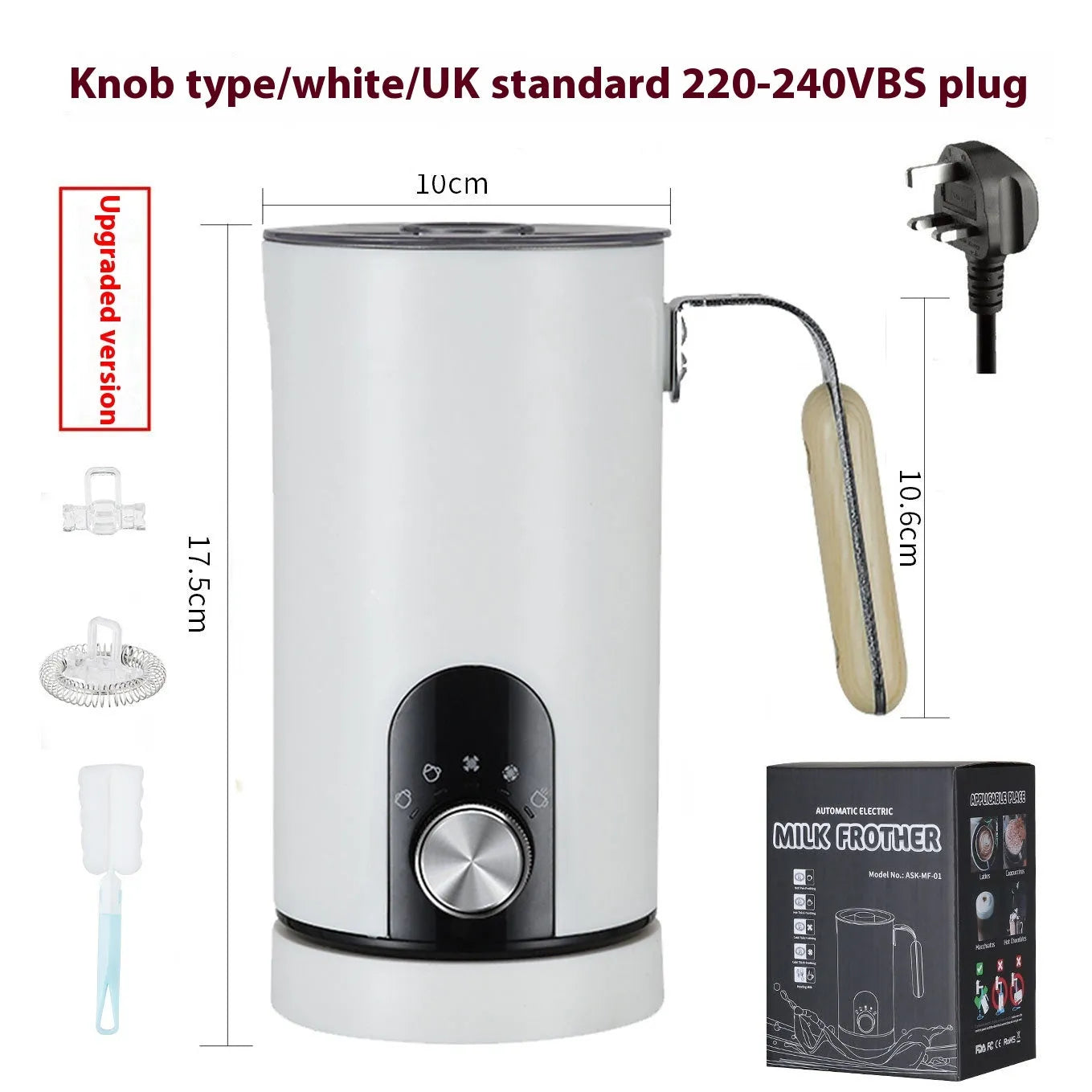 White stainless steel milk frother with knob control and 350ml capacity on a kitchen counter