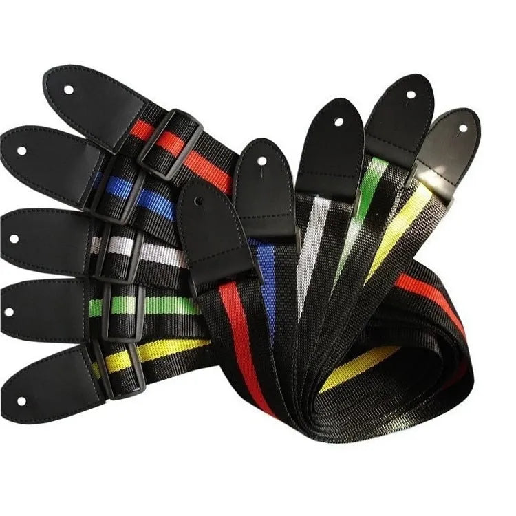 Woven striped crossbody guitar strap shown in multiple colours including army green, dark blue, red, white, and yellow.