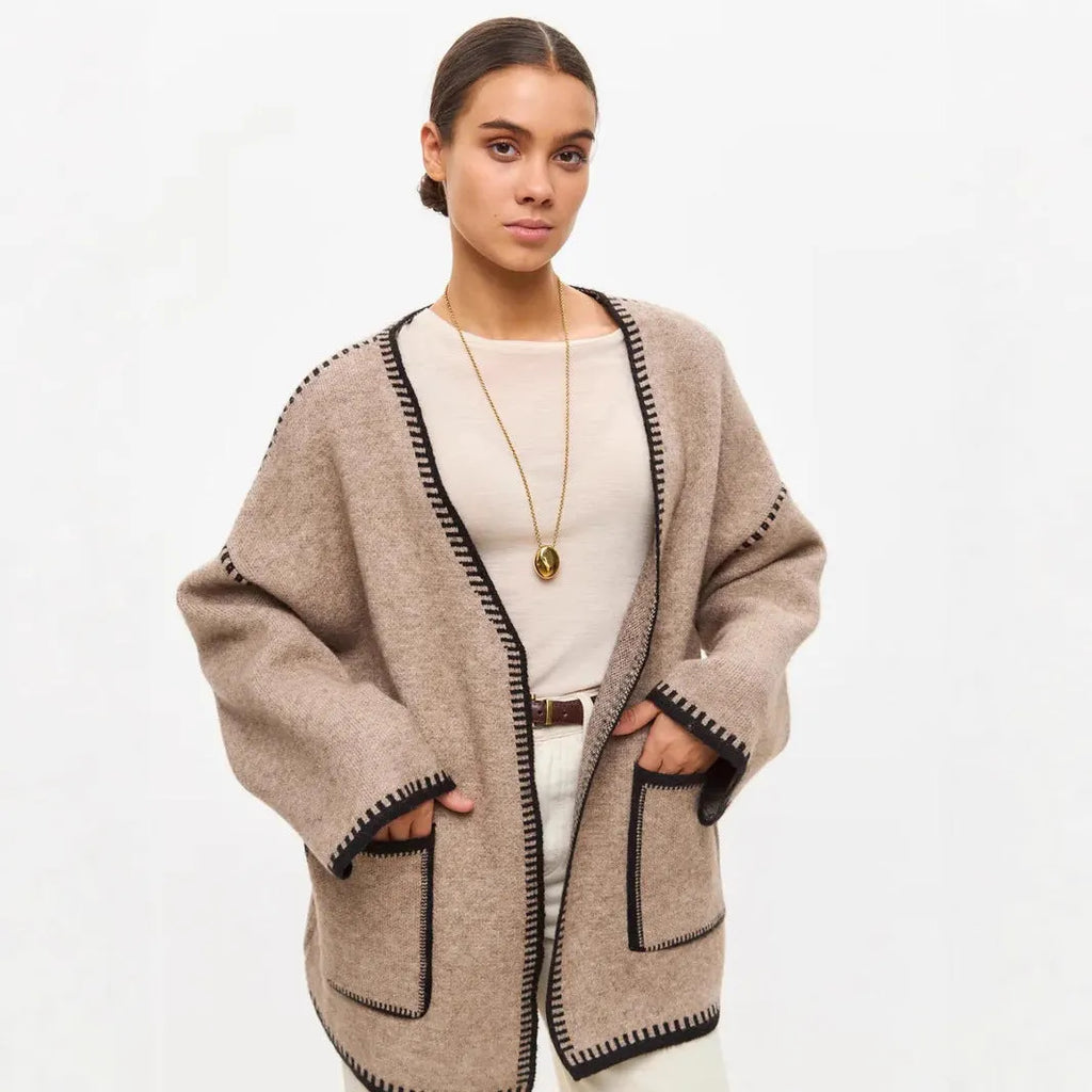Loose mid-length knitted cardigan in imitation cashmere fabric with lace-up front