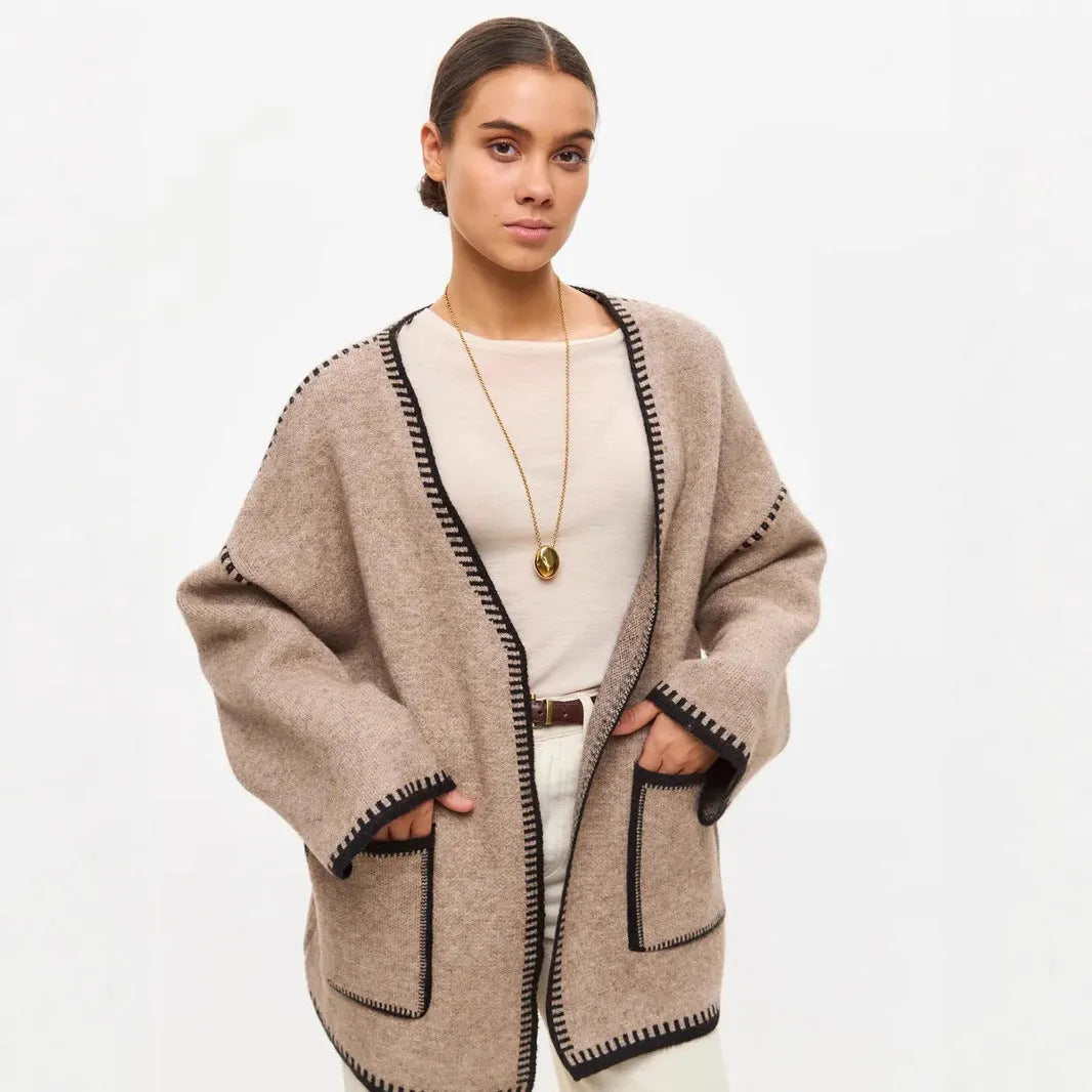 Loose mid-length knitted cardigan in imitation cashmere fabric with lace-up front