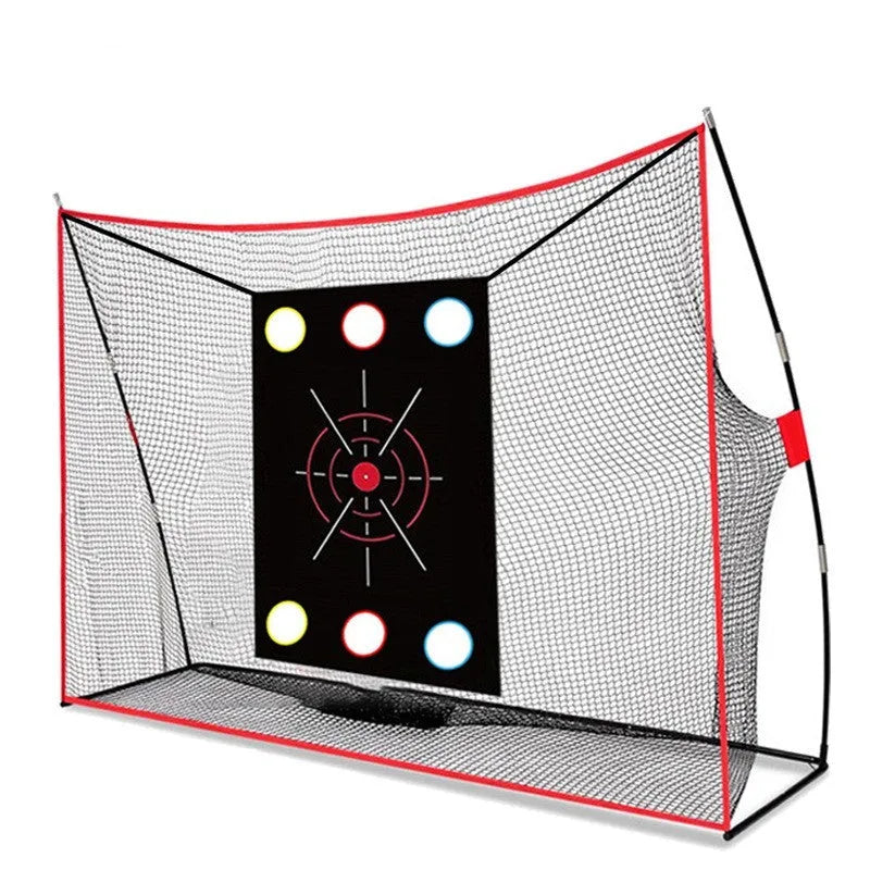 Golf swing wedge training net with 3-hole cross design and straw mat on grass