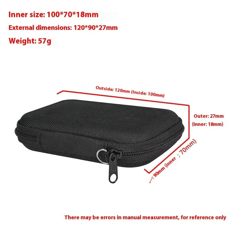 Black hard protective storage case for magnetic wireless power bank, 120x90x27mm, on neutral background