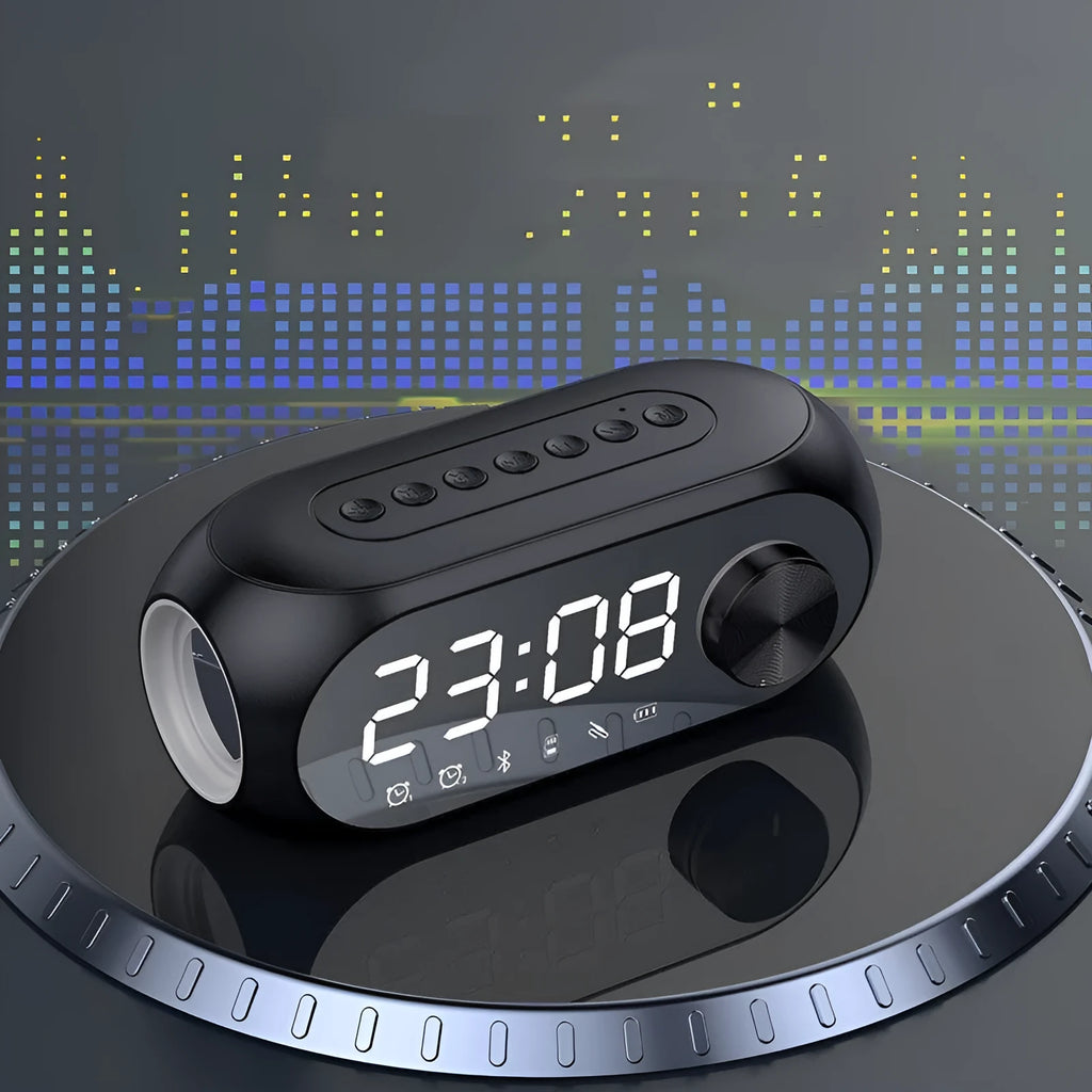 S8 Black portable Bluetooth speaker with digital clock display on front