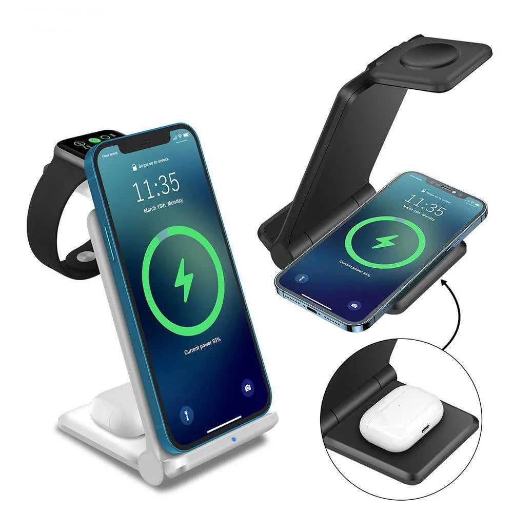 White 3-in-1 foldable wireless charging station for phone, Apple Watch, and AirPods on a desk.