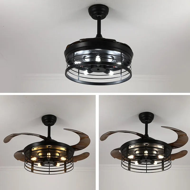 Industrial American retro fan lamp with remote control showing 42-inch diameter and acrylic construction