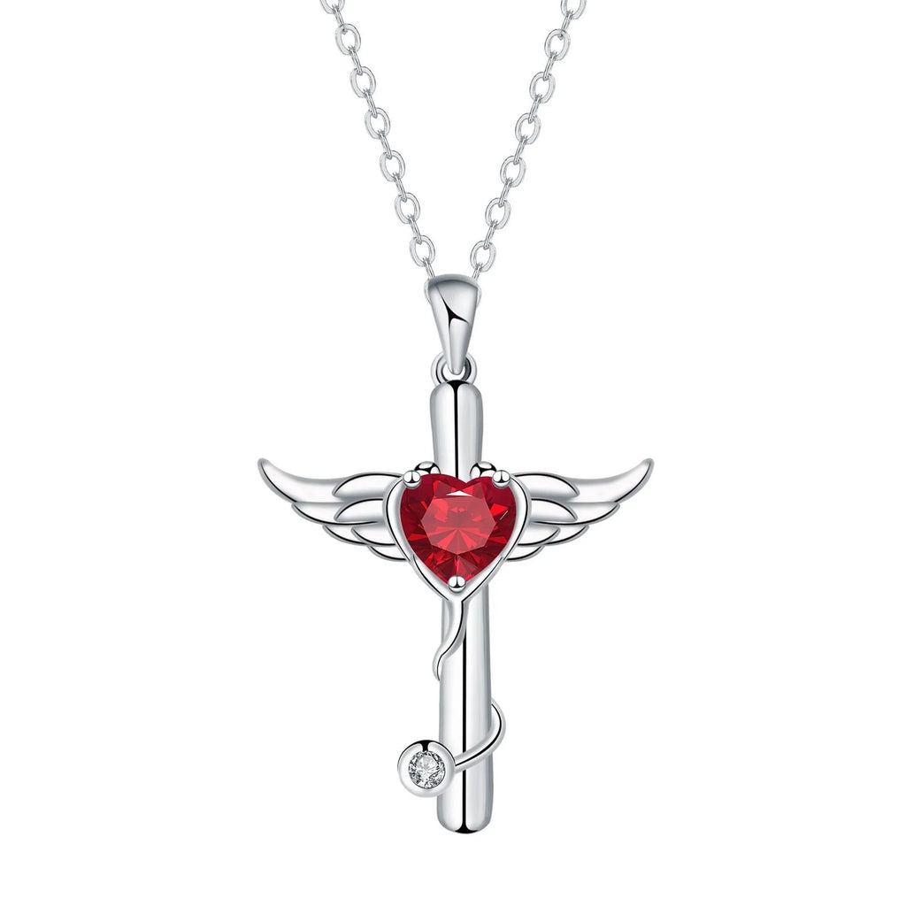 Copper cross stethoscope necklace with wings charm in white diamond or red diamond electroplated finish
