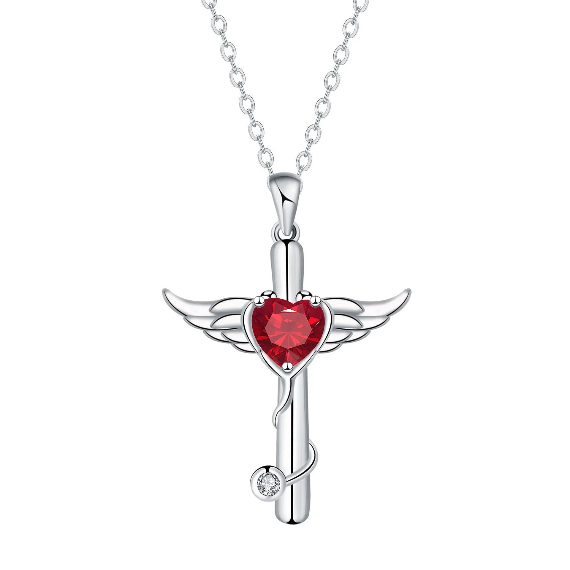 Copper cross stethoscope necklace with wings charm in white diamond or red diamond electroplated finish