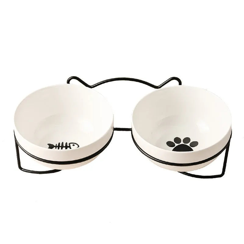 Ceramic cat bowl with iron frame in cat paw or fishbone print