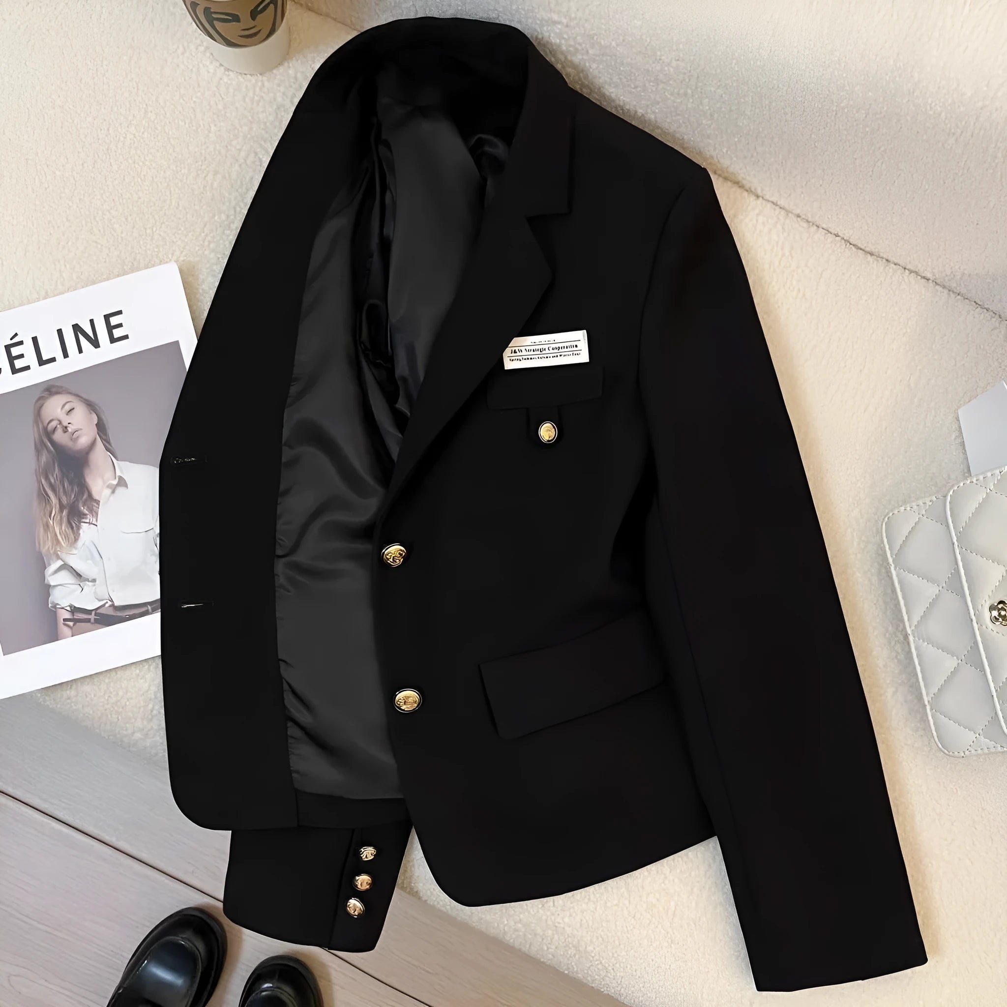 Women's black loose-fit short suit coat with regular sleeves and pockets on a hanger.