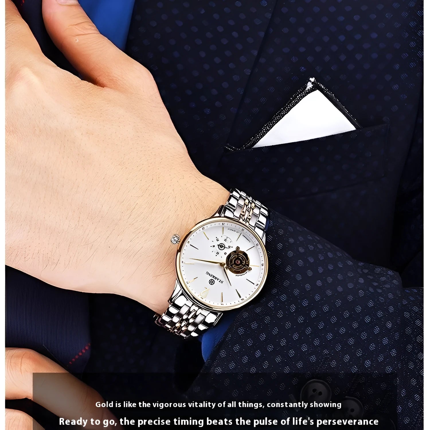 Automatic mechanical men's business watch with white dial, brown leather strap, and stainless steel case.