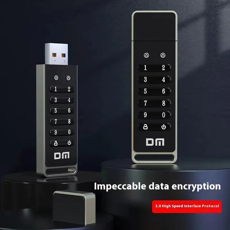 64GB fingerprint encrypted USB flash drive with metal housing showing USB 3.0 connector and digital button