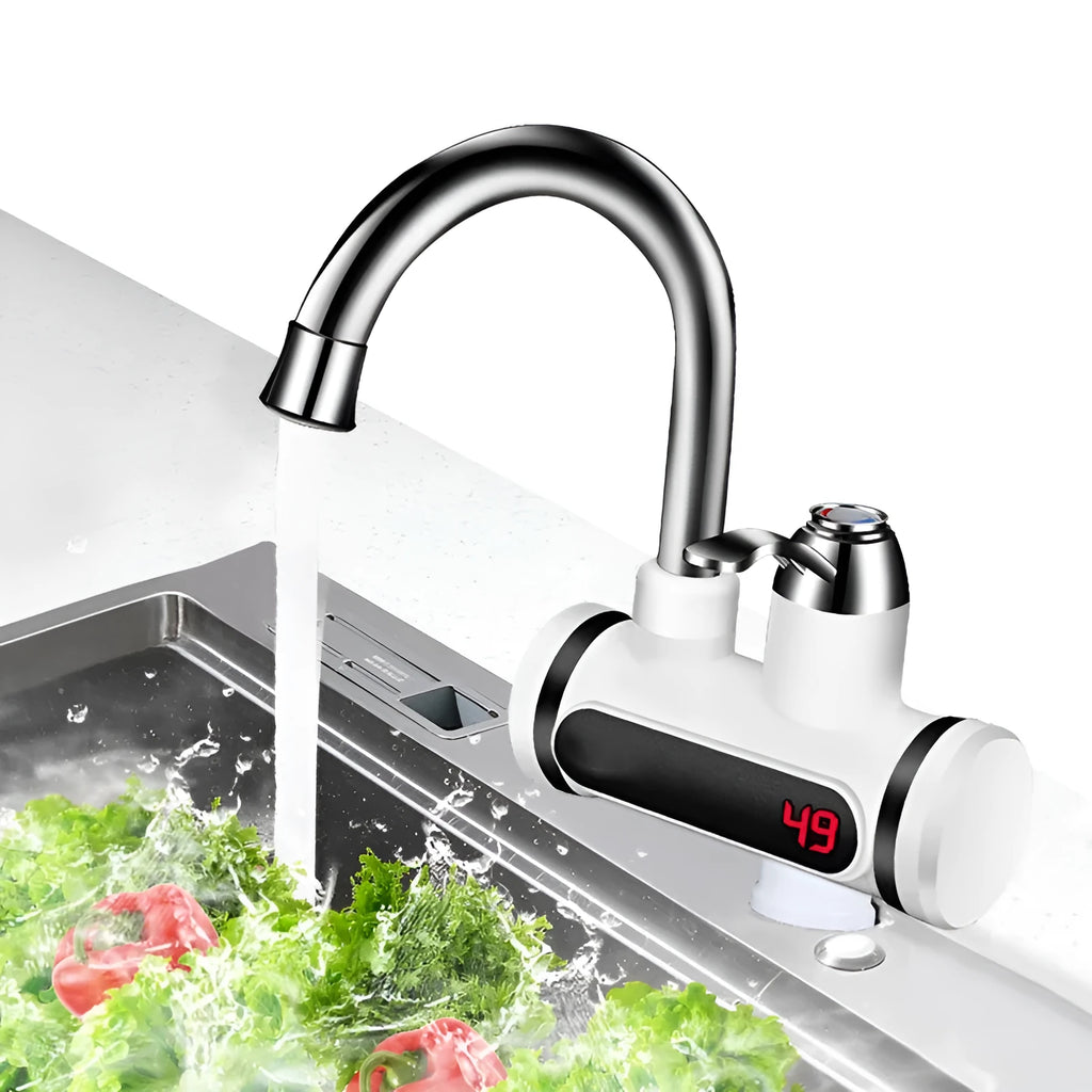 White electric kitchen water heater with digital temperature display and water separation technology