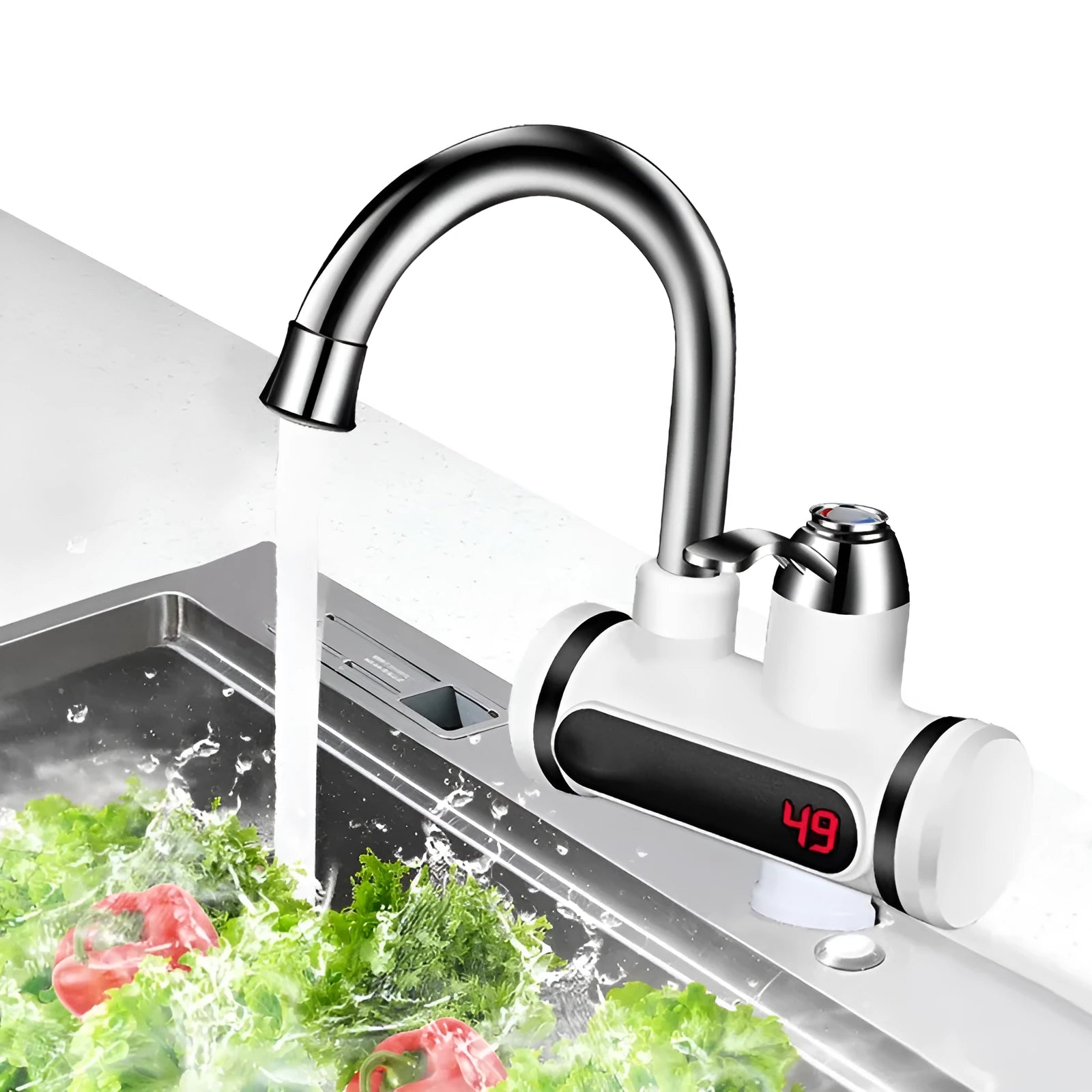 White electric kitchen water heater with digital temperature display and water separation technology
