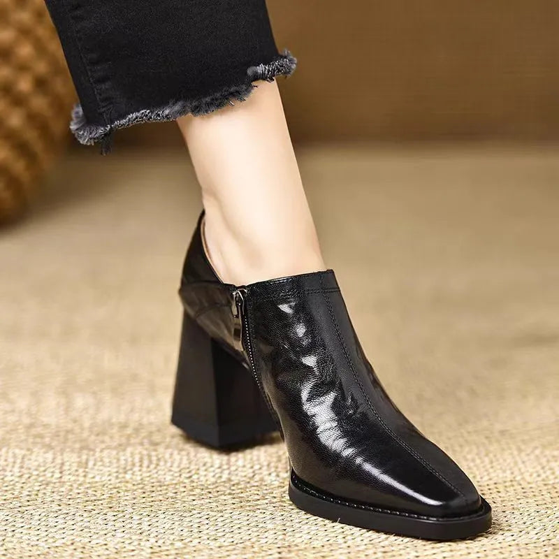 Chunky heel side zip women's high heels in black with square toe and mid heel 3-5cm