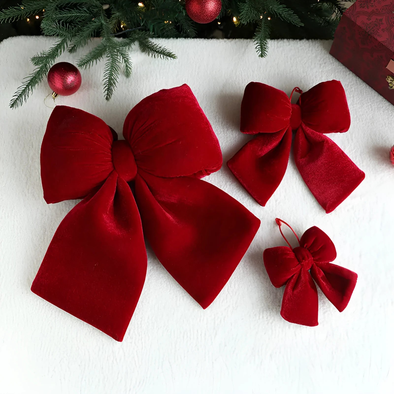 Red flannel bow Christmas tree ornament in large size with hanging loop