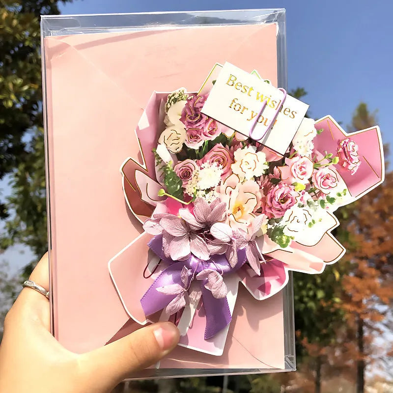 Handmade 3D boxed greeting card with butterfly shape, hot stamping, and artificial flowers on coated paper.