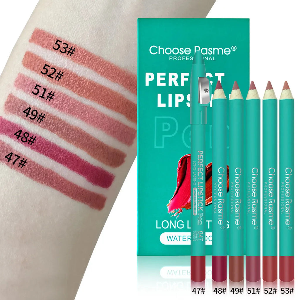 Set of six thick pen lip liners in assorted colours with a penknife sharpener, CR series