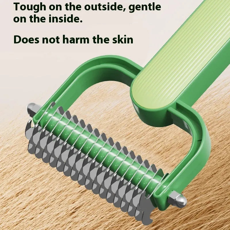 Green pet detangling comb with stainless steel teeth and plastic handle