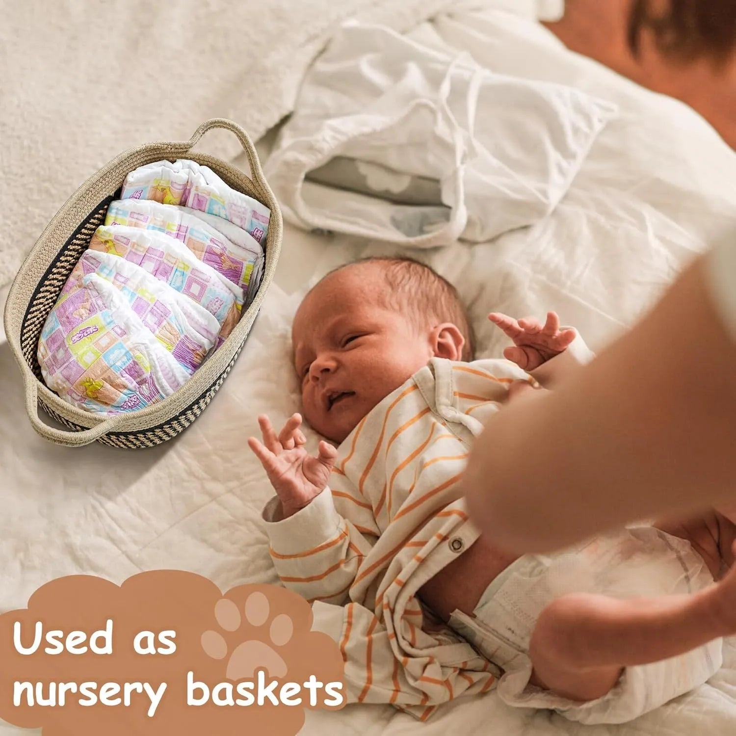 Hand-woven light beige cotton rope storage basket with wooden handle for home organisation