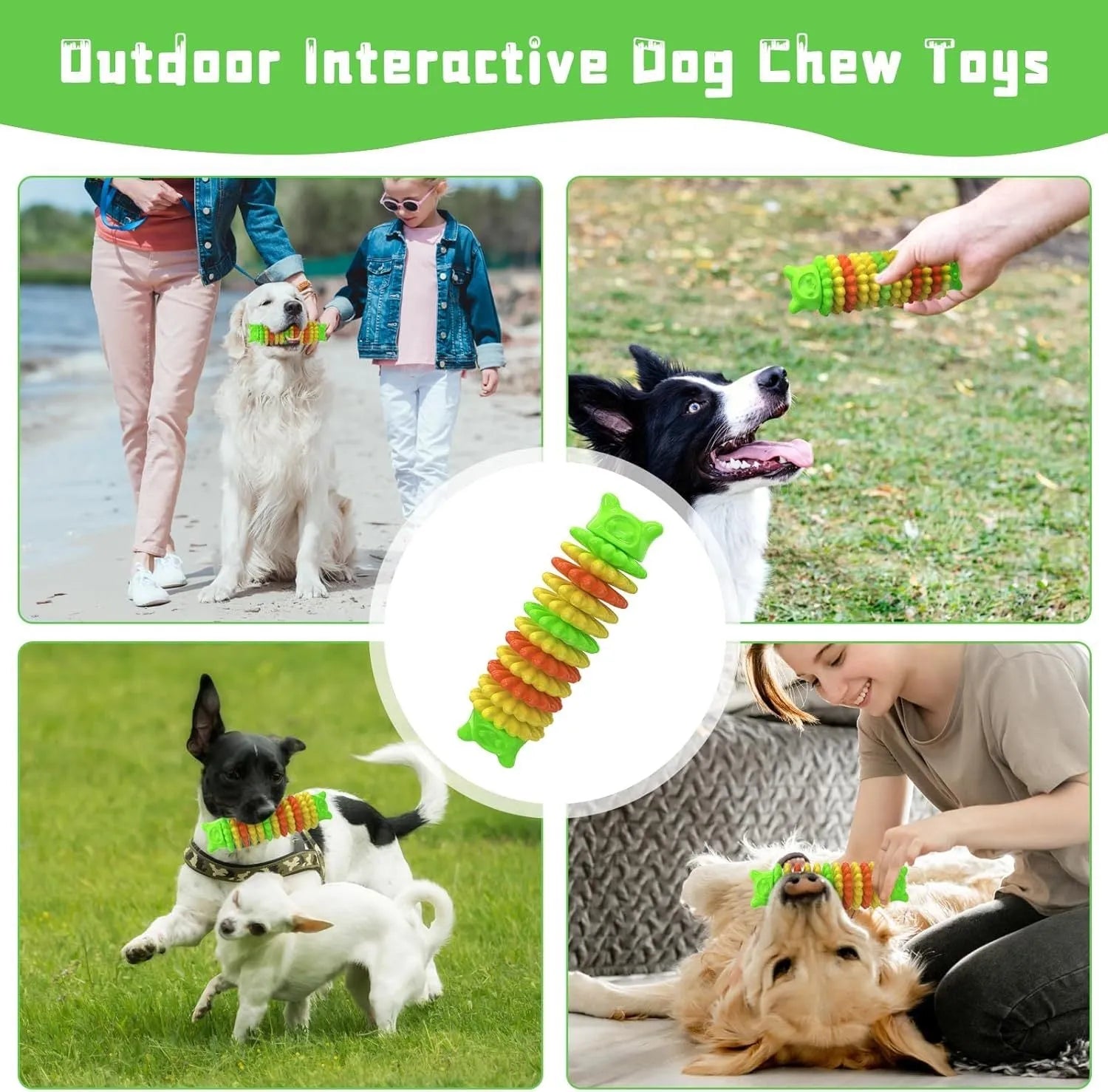 Blue caterpillar-shaped natural rubber dog chew toy for aggressive chewers