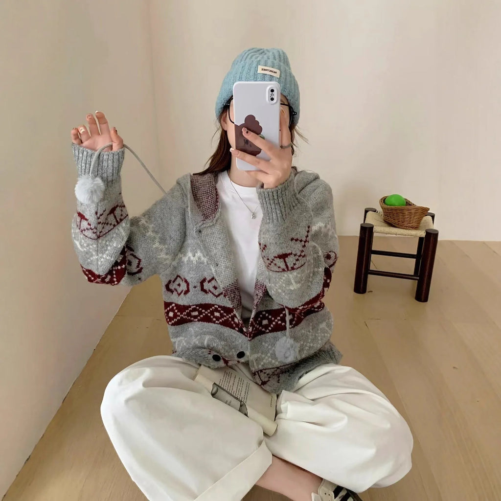 Women's geometric pattern brocade sweater coat in milky white loose fit plus size