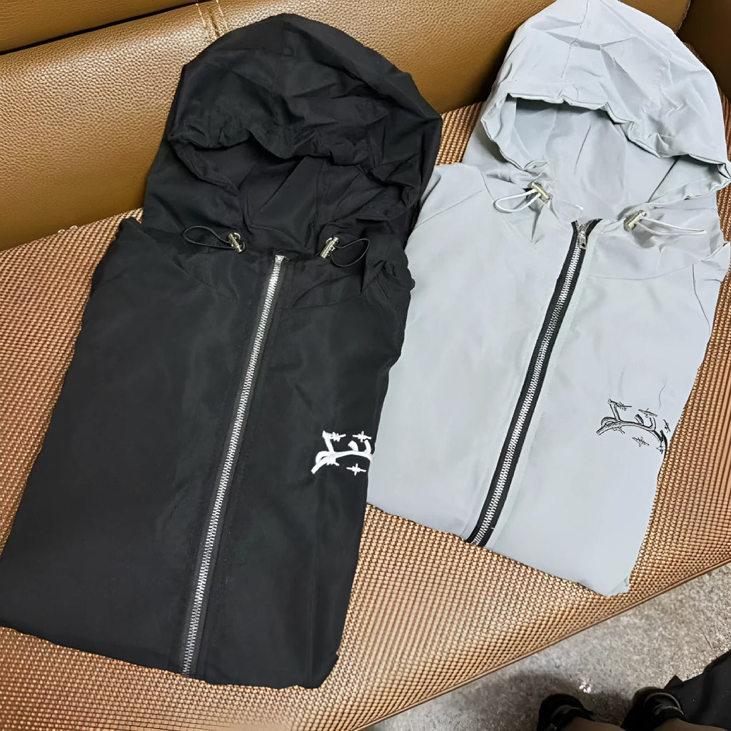 Men's loose fit grey hooded sunscreen jacket showing front and back views